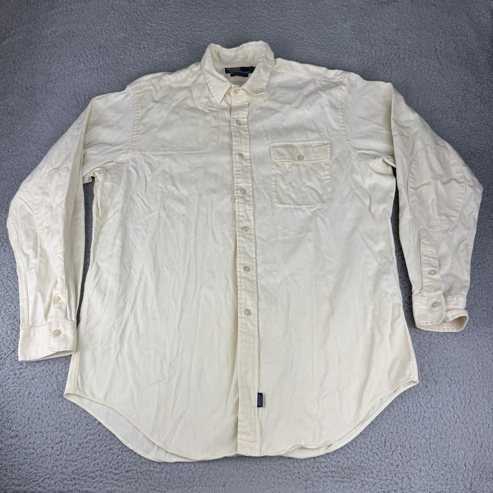 Ralph Lauren Button Down Shirt Cream Ivory Shoulder And Elbow Men's Lg Hong Kong